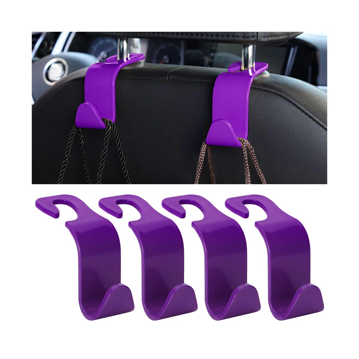 4PCS Car Seat Headrest Hooks for Bags, Coats, Glossy Black