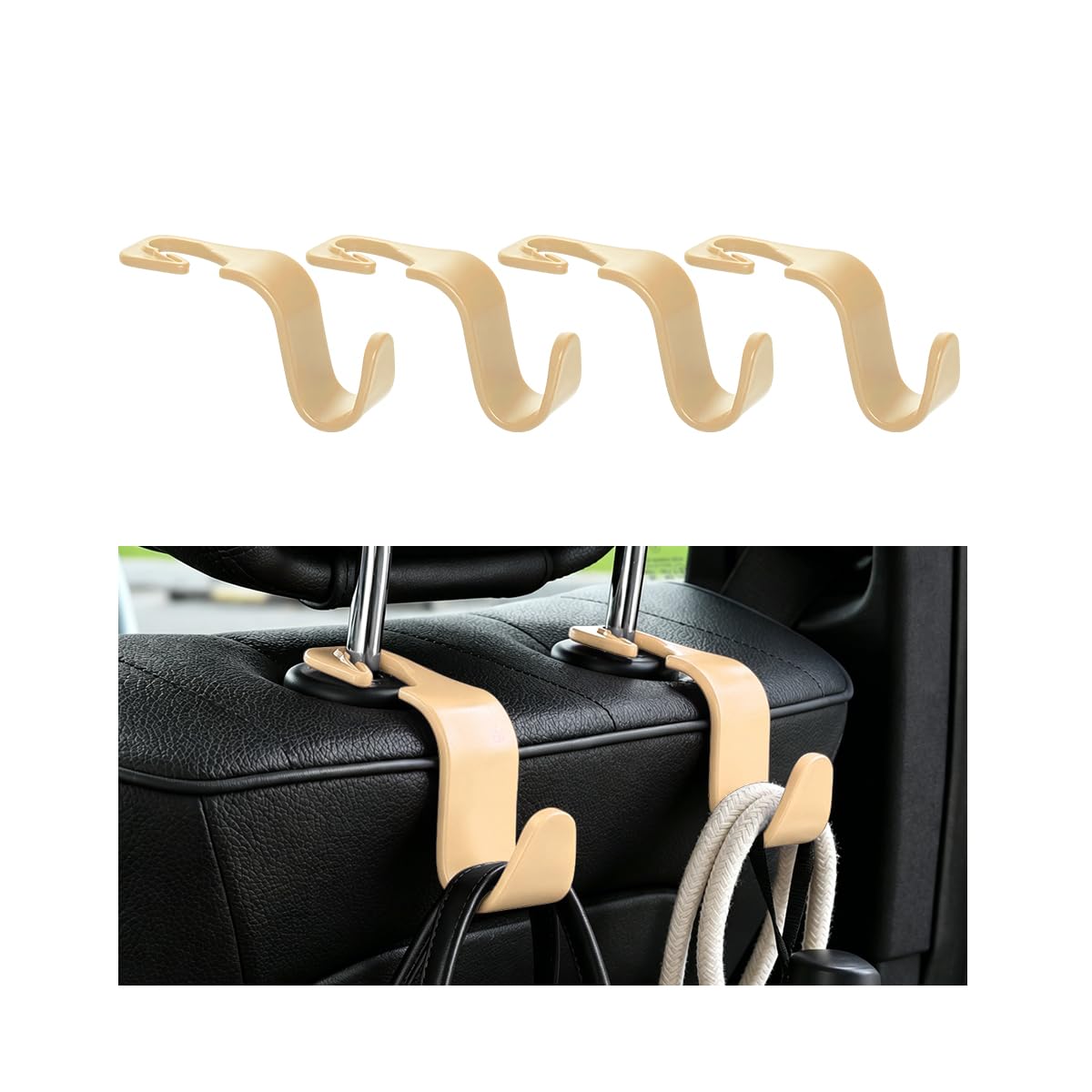 4PCS Car Seat Headrest Hooks, Vehicle Back Seat Organizer Hanger Holder for Purses Grocery Bags, Automotive Interior Headrest Storage Hook, Universal for SUV RV Truck (Black)