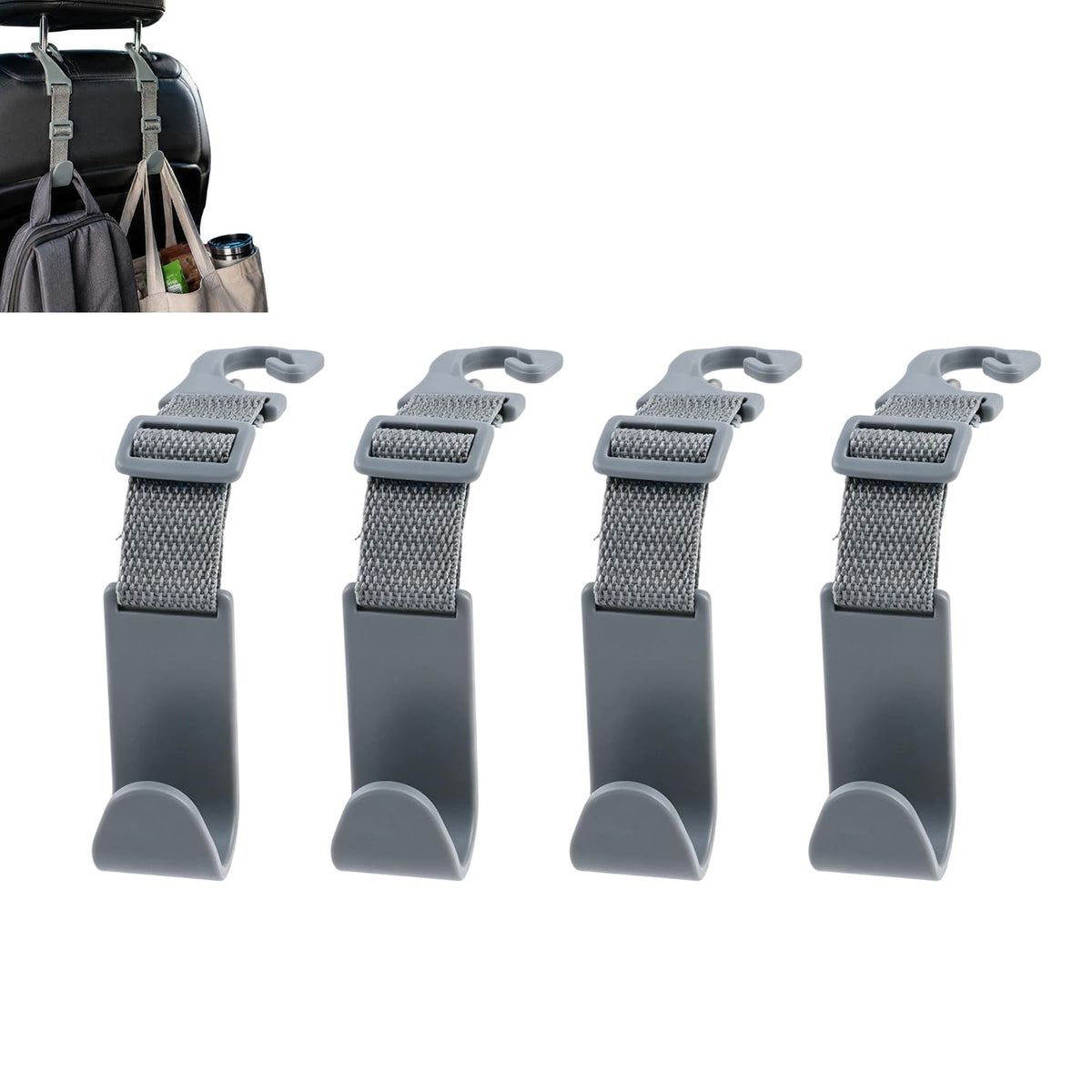 4 Pack Headrest Hooks for Car, Adjustable Purse Hook, 110 LBS Heavy Duty, Vehicle Seat Back Organizer for Purses, Bags, Handbags, Easy Install (Black)