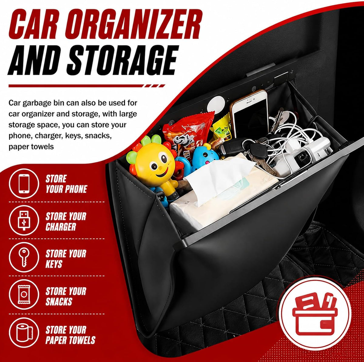 2026 New LED Car Trash Can,Leak-Proof Car Trash Bin with Automotive Trashs Bag for Organizers & Storage,Strong Magnetic Cars Garbage Can for Backseat,Console,Door