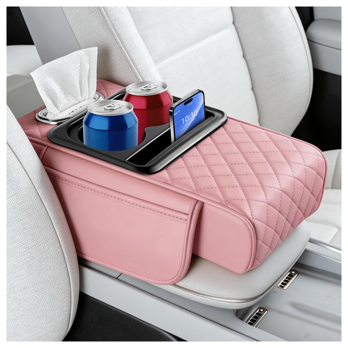 5-in-1 Car Center Console Cover,Leather Car Armrest Cover with Cup Holder/Storage Pocket/Phone Holder/Cars Tissue Holders,Thickened Cars Armrest Storage Box for Relieving Elbow Fatigue (Black)