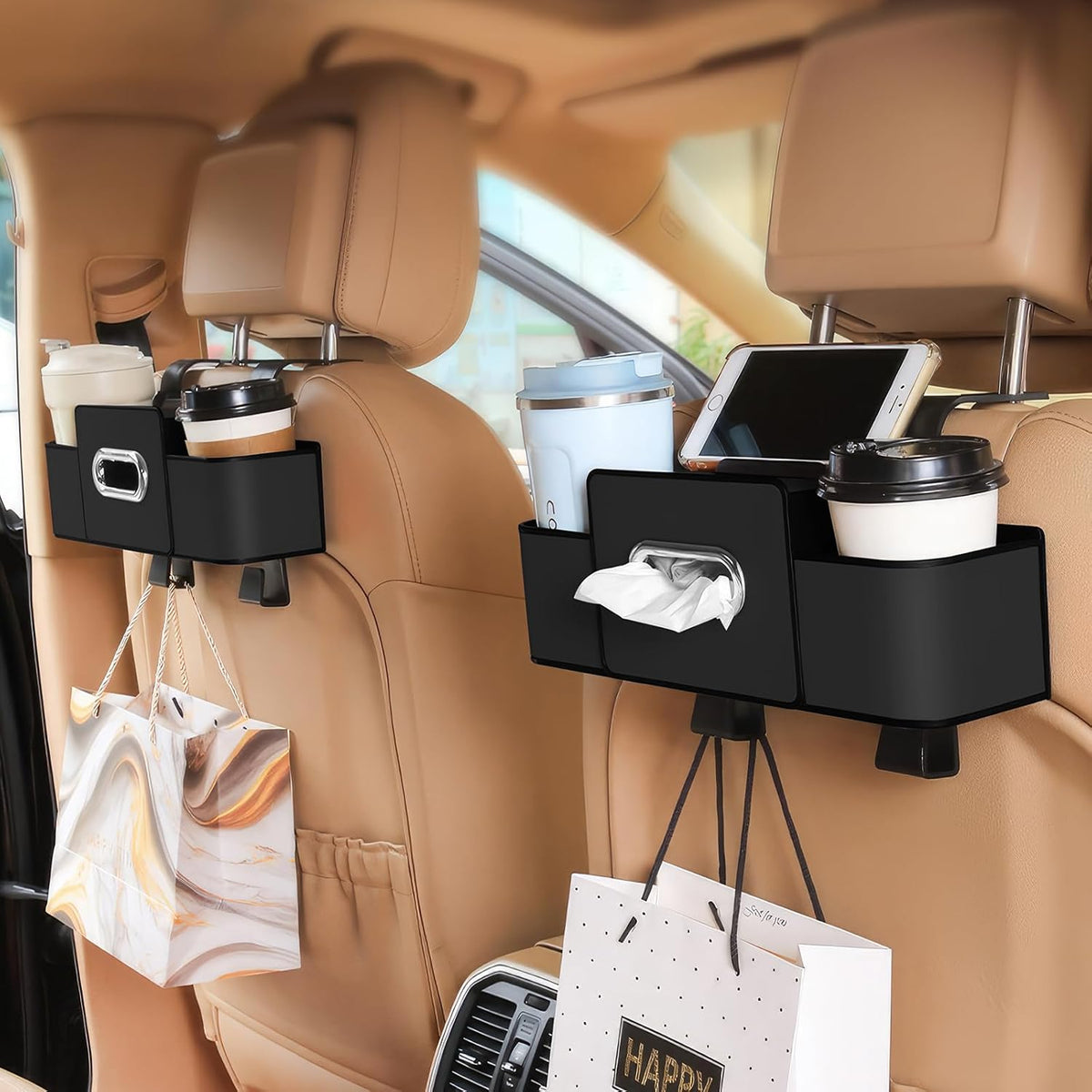 Car Back Seat Organizer with 1 Pack of 80 Tissues, Car Seat Back Tissue Box, and Storage Hook, Multi-Functional Organizer for Phone, Drinks, Handbag, Garbage Bags, Fits Most Car Models