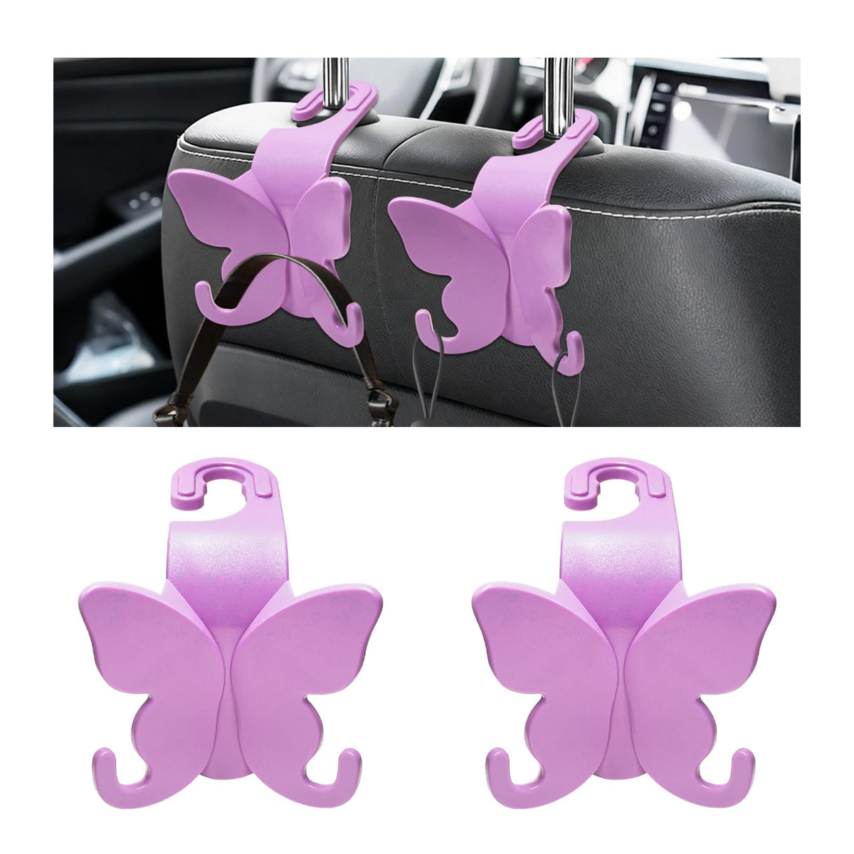 2 PCS Car Seat Headrest Hook, Butterfly Multipurpose Storage Hook Seat Back Purse Holder, Cute Butterfly Headrest Purse Hanger Interior Accessories for Car Truck SUV (Pink)