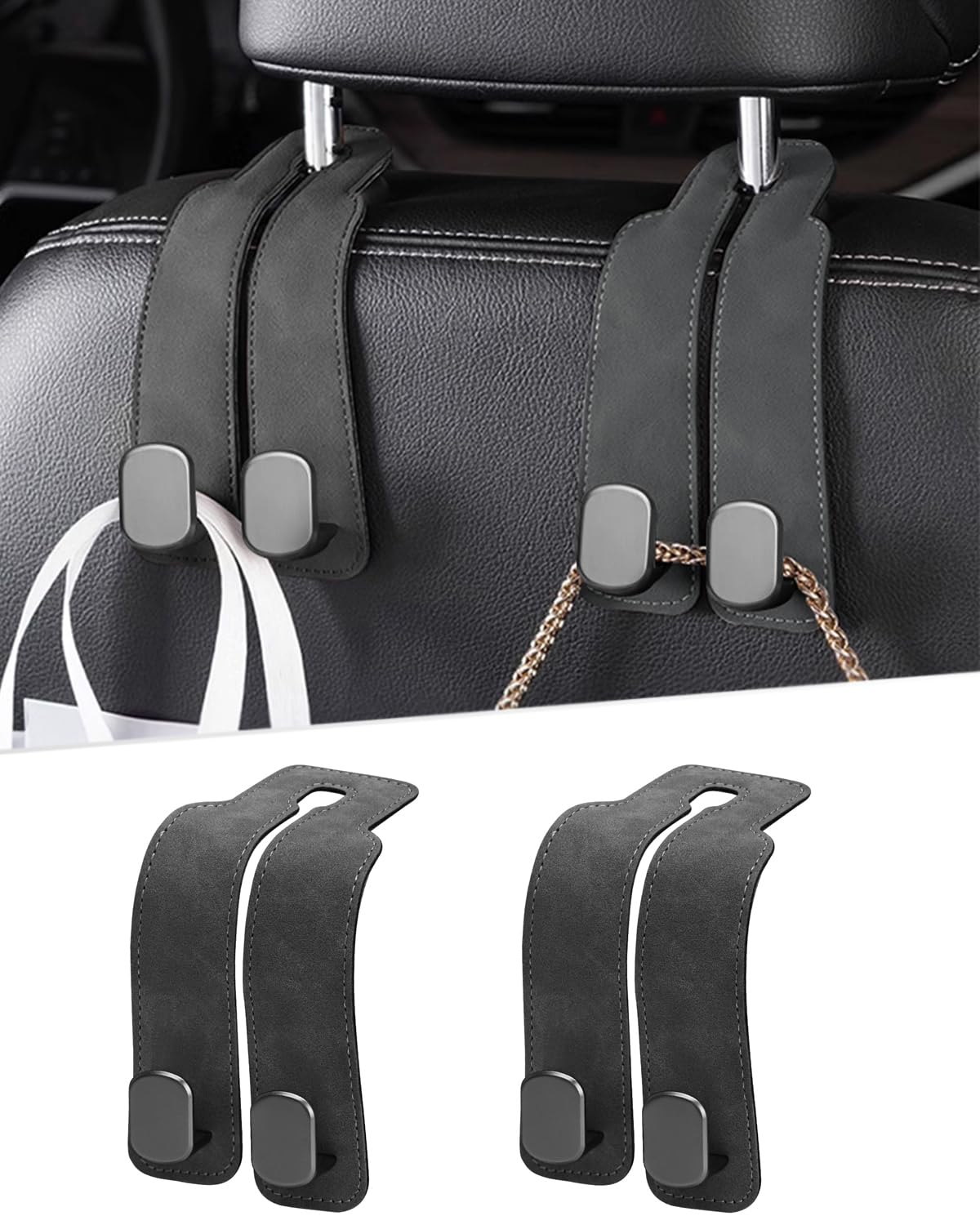 2 Pcs Car Hooks for Headrest, Adjustable Vehicle Seat Back Car Organizers and Storage Accessories, Universal Fit Double Metal Leather Purse Holder for Car (Grey)
