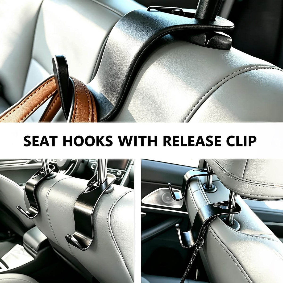 Car Seat Headrest Hooks 4 Pack, Purse Hook for Cars with Non-Slip Lock