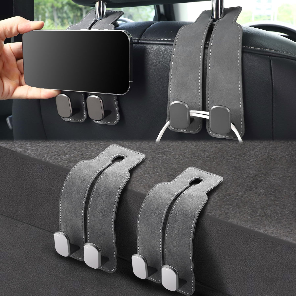 LivTee Headrest Purse Hook for Car, Seat Hook Hangers Storage Organizer for Bags and Coats Holder, Upgrade Leather Double Hook and Mobile Phone Holder for Universal Vehicle Car Accessories (Grey)