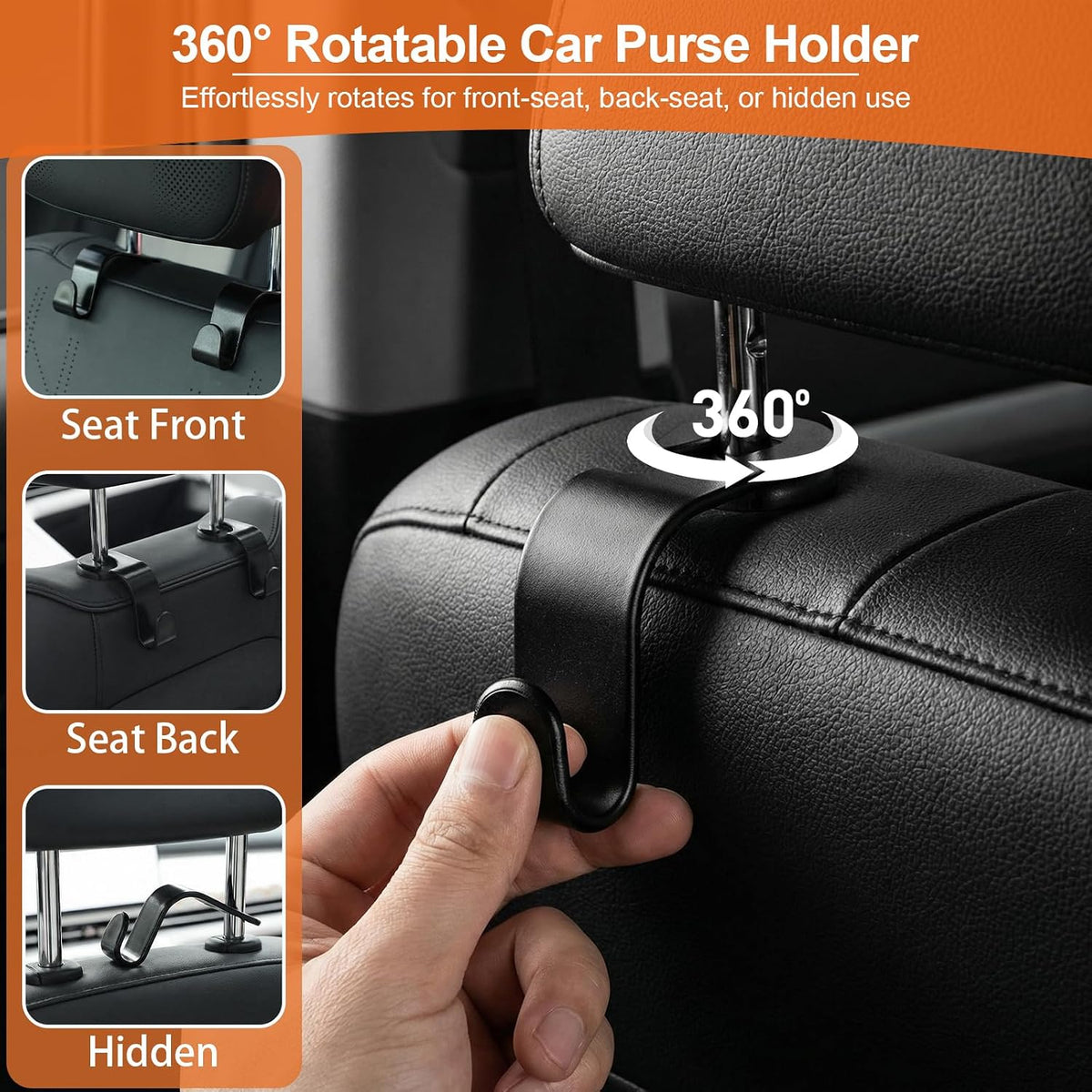 EZ COZY Purse Hook for Car 4 Pack, Deep Anti-Drop Car Seat Hooks for Headrest, Thick ABS Plastic Holds 55 Lbs, Heavy Duty Car Purse Holder & Car Accessories Interior for Handbags, Car Organizer Black