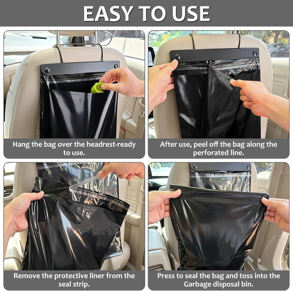Accmor Hanging Car Trash Bags, 30 Count Disposable Garbage Bags, 2 Gallon Large Capacity Headrest Waist Bin for Sedan, SUV, Truck, RV, Easy Tear Roll, Easy Stick-On, Leak-proof