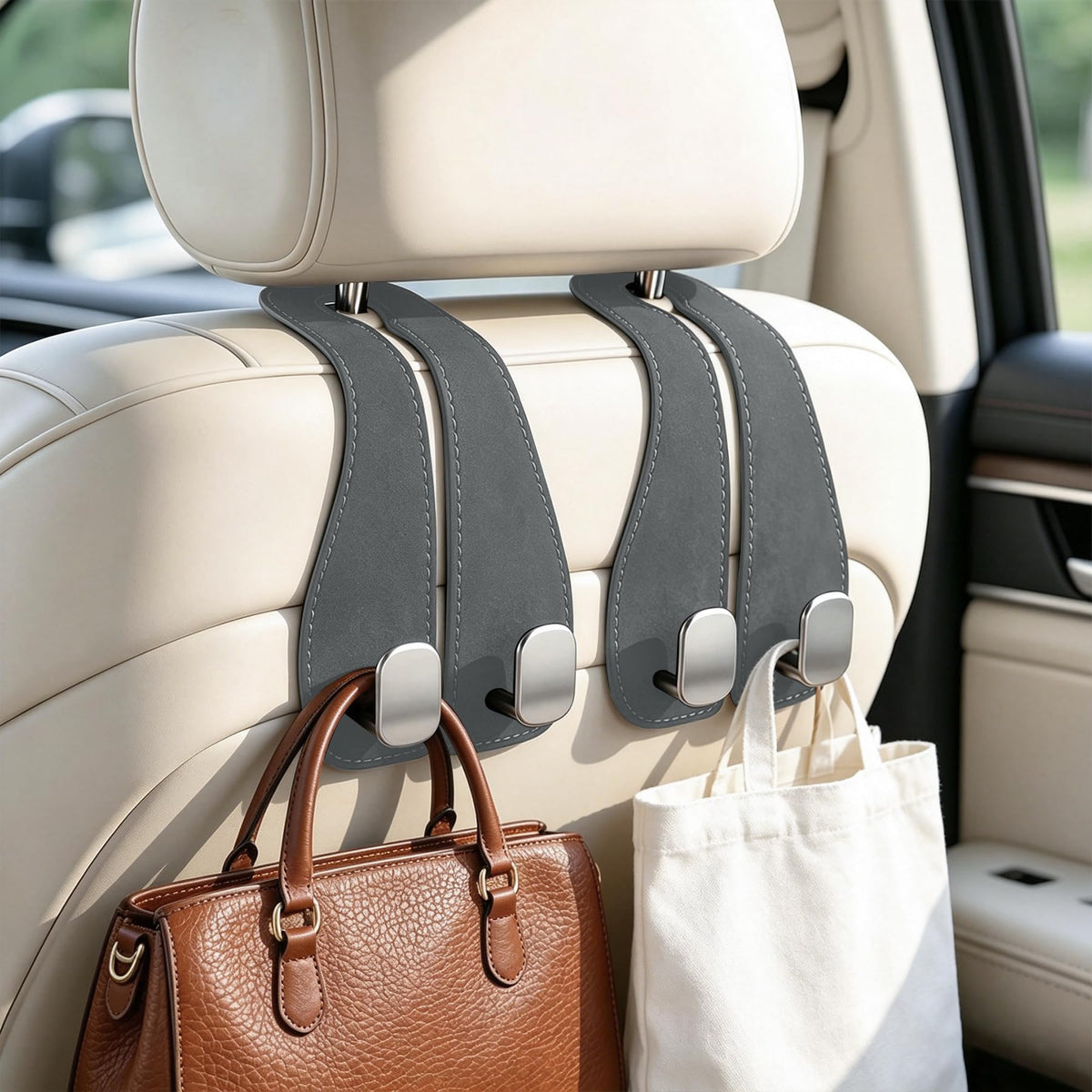 SINGARO 2PCS Car Purse Holder Hook, Seat Back Storage Hook, Leather-Wrapped Alloy Double Headrest Hook for Purses & Bags, Cute Car Interior Accessories for Women and Men, Black