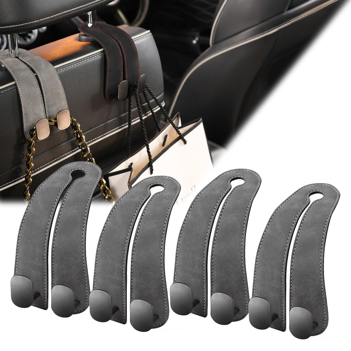 WEIHAO Purse Hook for Car Headrest, Suede Car Seat Back Storage Hook, Aluminum Twin Hooks Leather Car Headrest Hangers, Bag Holder for Sedan, Trucks, SUVs, Most Vehicles (Black-2PCS)