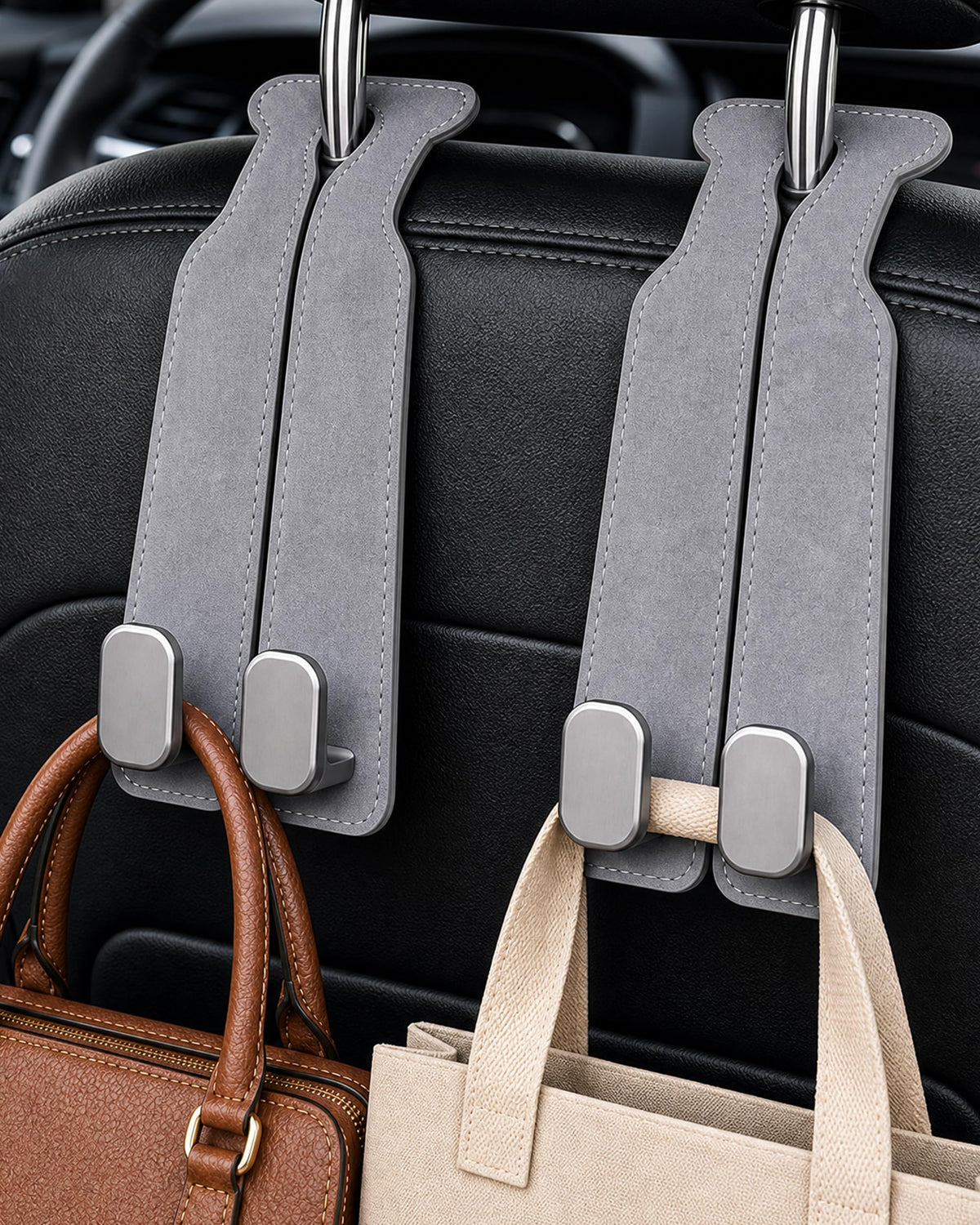 Car Headrest Hooks, 2 Pack Suede Leather Seat Hooks for Purses and Bags, Dual Hook Purse Holder for Seat Back and Passenger Glove Box, Universal Hangers for Handbags, Coats, Groceries, Black