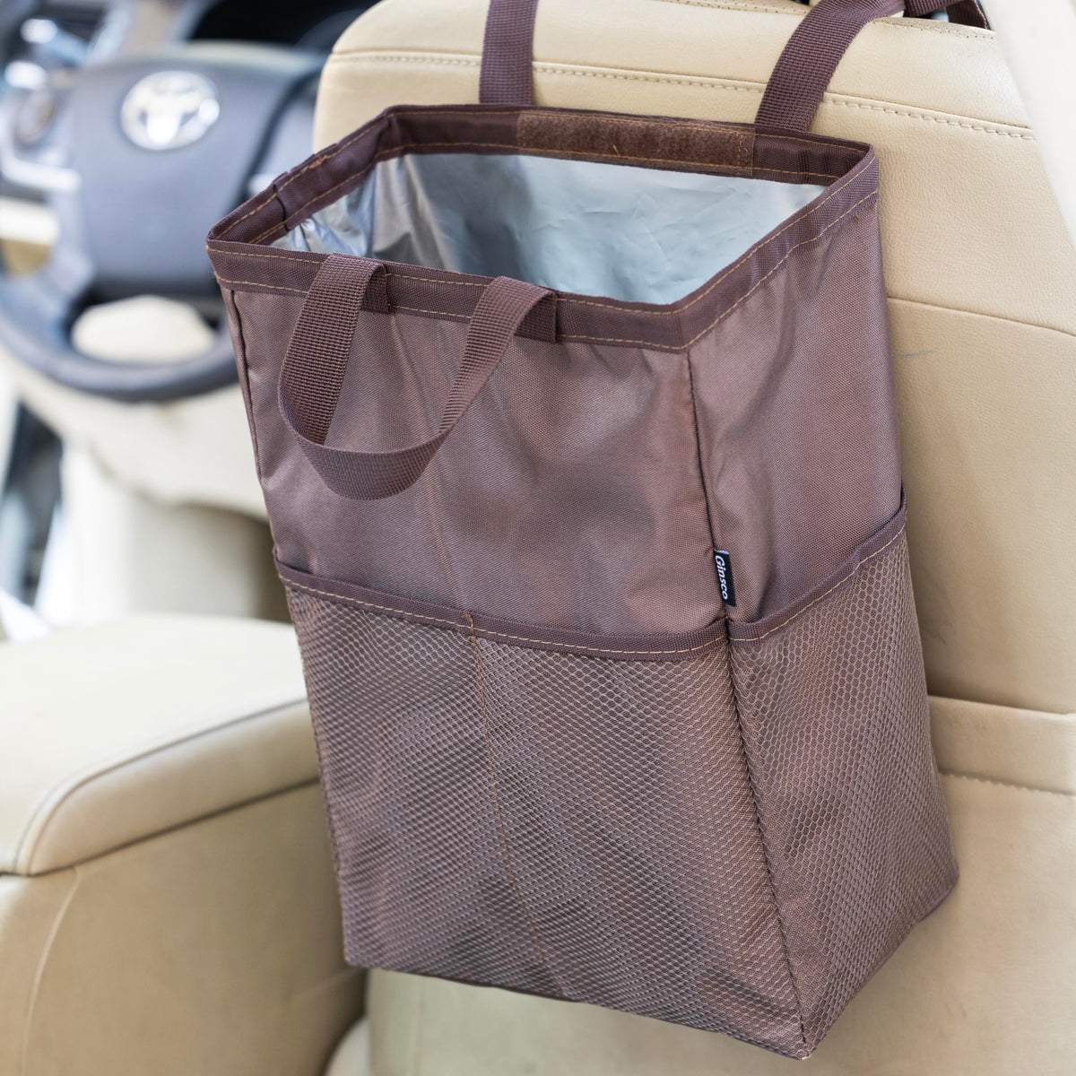 Ginsco New Leak-Proof Travel Trash Bag, Hanging Car Trash Can with Hook and Loop Lid and Handle, Multipurpose Trash Bin with Storage Pockets for Car SUV Truck RV Camping 2 Gallons, Black