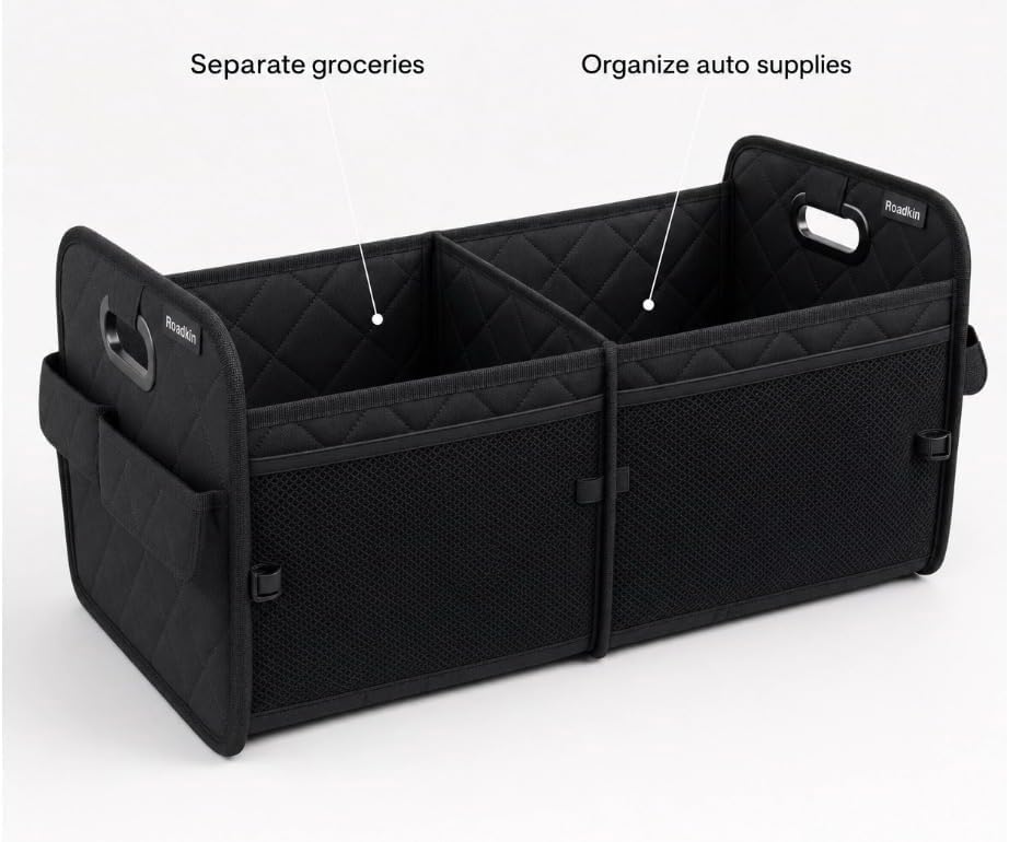 Car Organizer Caddy Oxford Quilted Trunk Organizer, Waterproof Storage Tote with Handles for Front Seat, Backseat, SUV, Truck, Van, Black