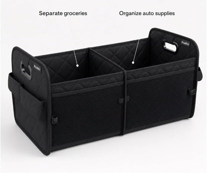 Car Organizer Caddy Oxford Quilted Trunk Organizer, Waterproof Storage Tote with Handles for Front Seat, Backseat, SUV, Truck, Van, Black