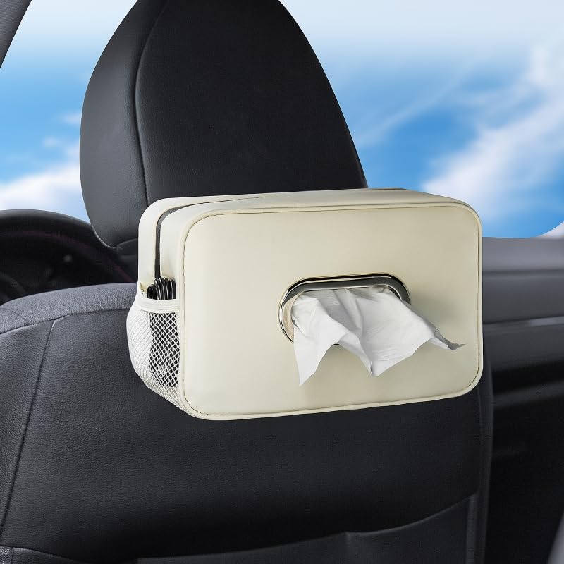 Multi-Functional Car Tissue Holder with ‌2 Storage Nets, Tissue Box Cover