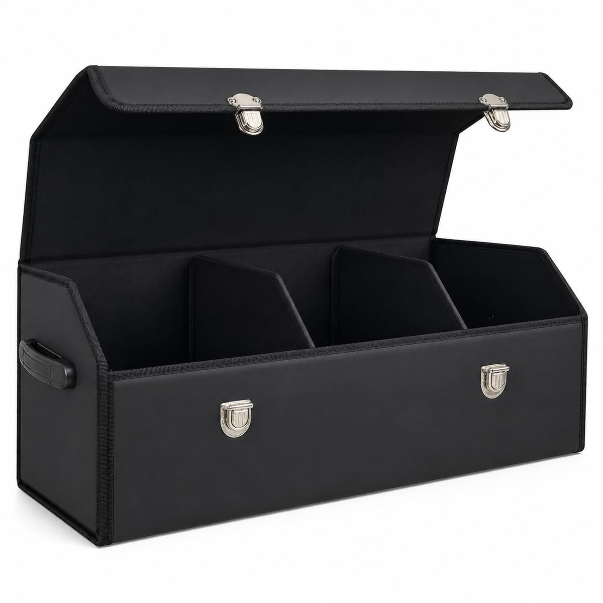 Leather Car Trunk Organizer with Lid,45L Foldable Storage Box for Universal Cars, SUVs, Sedans and MPVs, Removable Divider, Carry Handles, Black