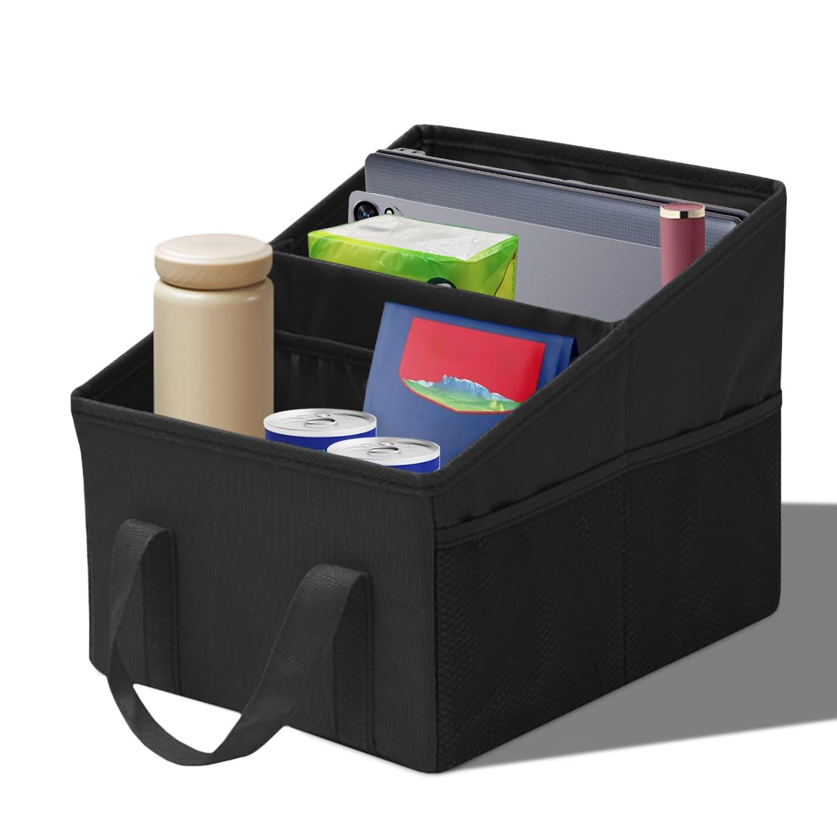 Craedli Car Seat Organizer, Collapsible Trunk Organizer Backseat Car Storage Box with 2 Compartments and Multiple Pockets, Passenger Seat Organizer with Handles for Front/Back Consoles (Black)
