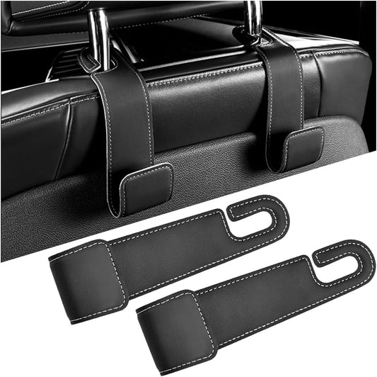 2PCS Car Seat Headrest Hook, Leather Vehicle Seatback Organizer Hanger for Hanging Purses Bags Coats, Auto Seat Back Storage Hook Accessories, Universal for SUV, Sedan, Truck (Black)