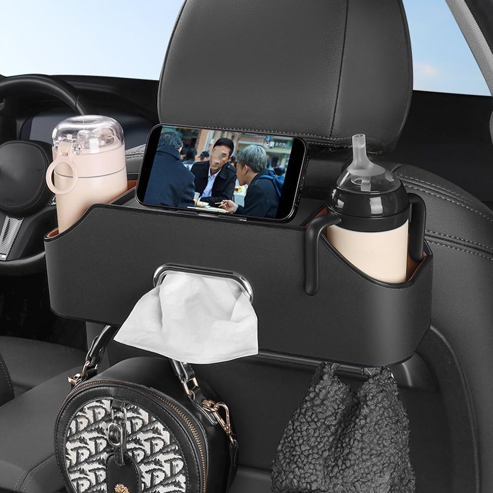 HAOTULE New car headrest Rear seat Multifunctional Storage Box, partition Design, with Cup Holder, Tissue Box, headrest Hook, Suitable for Children and Adults, car Travel Accessories (Black)