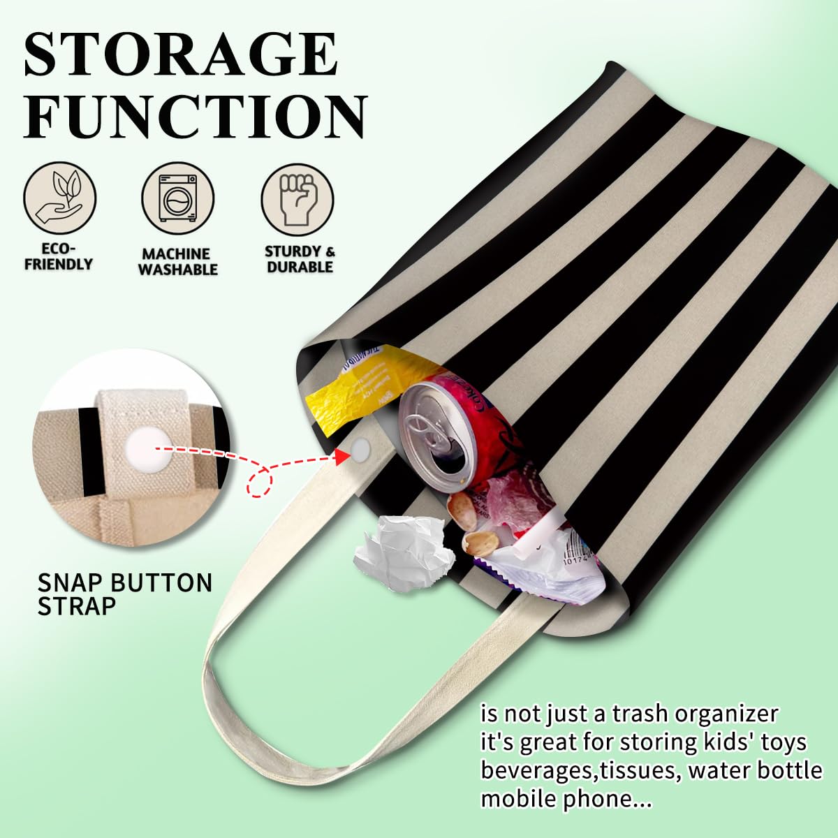 Car Trash Can, Cute Car Trash Bag, Hanging Car Organizer and Storage Bag, Trash Bin for Car Accessories, Vehicle, Travelling, Camping Black White Stripes