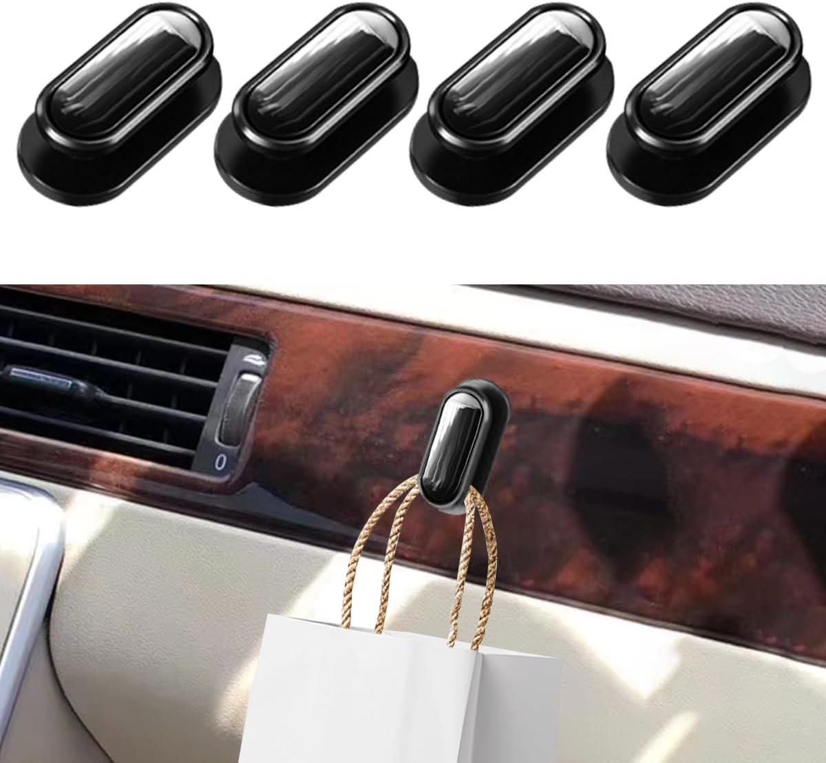 4PCS Black Car Mini Hooks - Multifunctional Self-Adhesive Backseat Hangers Car Storage Hook Stickers on Dashboard - Universal Wall Hanging Hooks for Keys Earphone Cable (Black)