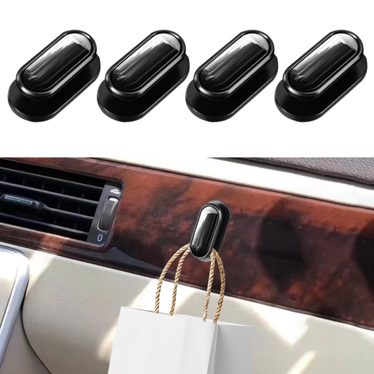 4PCS Black Car Mini Hooks - Multifunctional Self-Adhesive Backseat Hangers Car Storage Hook Stickers on Dashboard - Universal Wall Hanging Hooks for Keys Earphone Cable (Black)