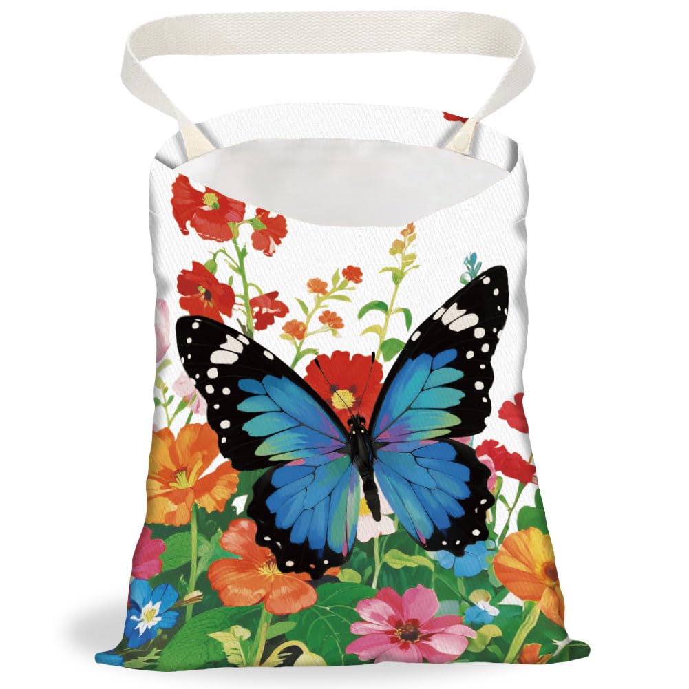 Retro Wildflower Butterfly Print Car Trash Bag Portable Waterproof Hanging Garbage Bag with Snap Buttons Back Seat Rubbish Storage Dustbin for Car Interior Accessories Kitchen Home Travel