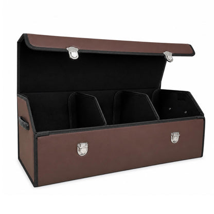 Leather Car Trunk Organizer with Lid,45L Foldable Storage Box for Universal Cars, SUVs, Sedans and MPVs, Removable Divider, Carry Handles, Black
