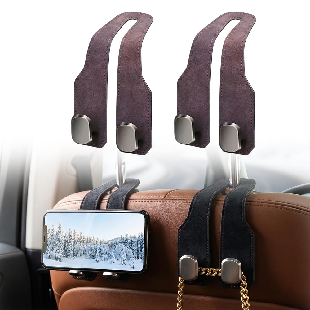 Fauppt Headrest Hooks for Car Car Seat Hooks for Headrest,2026 Hooks for Purses and Bags Cute Car Purse Holder,Twinhook Leather Car Headrest Hangers Seat Back Organizers for Travel (Black*2)