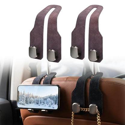 Fauppt Headrest Hooks for Car Car Seat Hooks for Headrest,2026 Hooks for Purses and Bags Cute Car Purse Holder,Twinhook Leather Car Headrest Hangers Seat Back Organizers for Travel (Black*2)