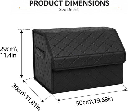 Leather Car Trunk Organizer with Lid,45L Foldable Storage Box for Universal Cars, SUVs, Sedans and MPVs, Removable Divider, Carry Handles, Black