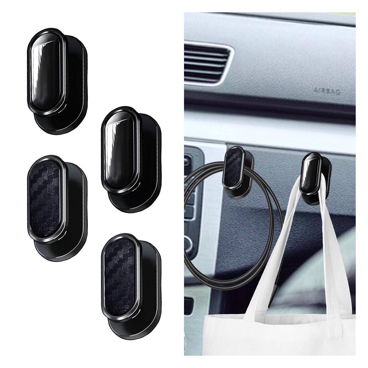 KITUREK Car Mini Hooks, Self-Adhesive Backseat Hangers, 4PCS, Carbon Fiber