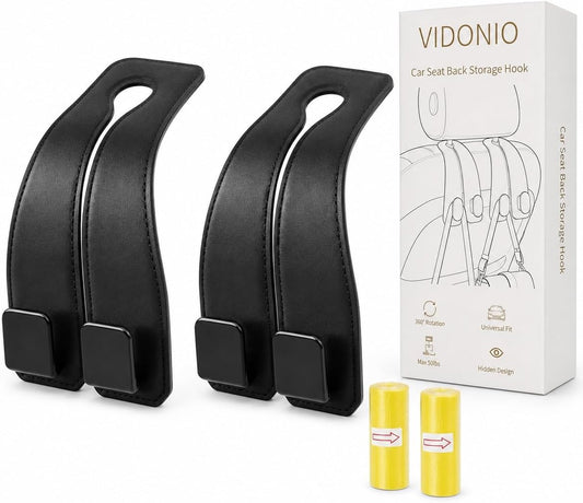 vidonio 2 Pack Leather Headrest Hooks for Car, Double Car Seat Back Storage Hook for Purses, Handbags and Grocery Bags, Heavy Duty Car Purse Holder, Universal Car Seat Headrest Hanger Accessories