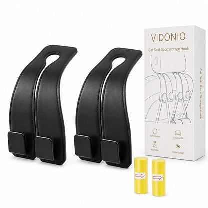 vidonio 2 Pack Leather Headrest Hooks for Car, Double Car Seat Back Storage Hook for Purses, Handbags and Grocery Bags, Heavy Duty Car Purse Holder, Universal Car Seat Headrest Hanger Accessories