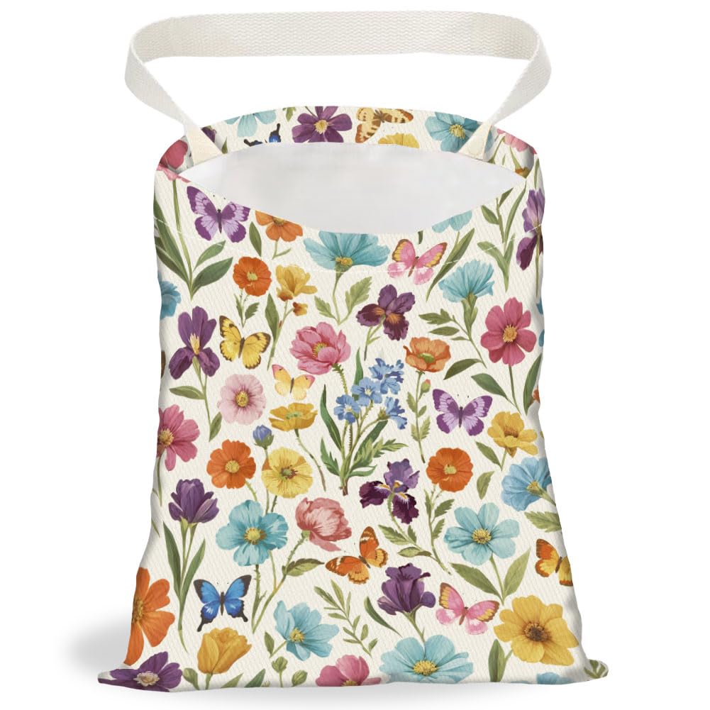 Retro Wildflower Butterfly Print Car Trash Bag Portable Waterproof Hanging Garbage Bag with Snap Buttons Back Seat Rubbish Storage Dustbin for Car Interior Accessories Kitchen Home Travel