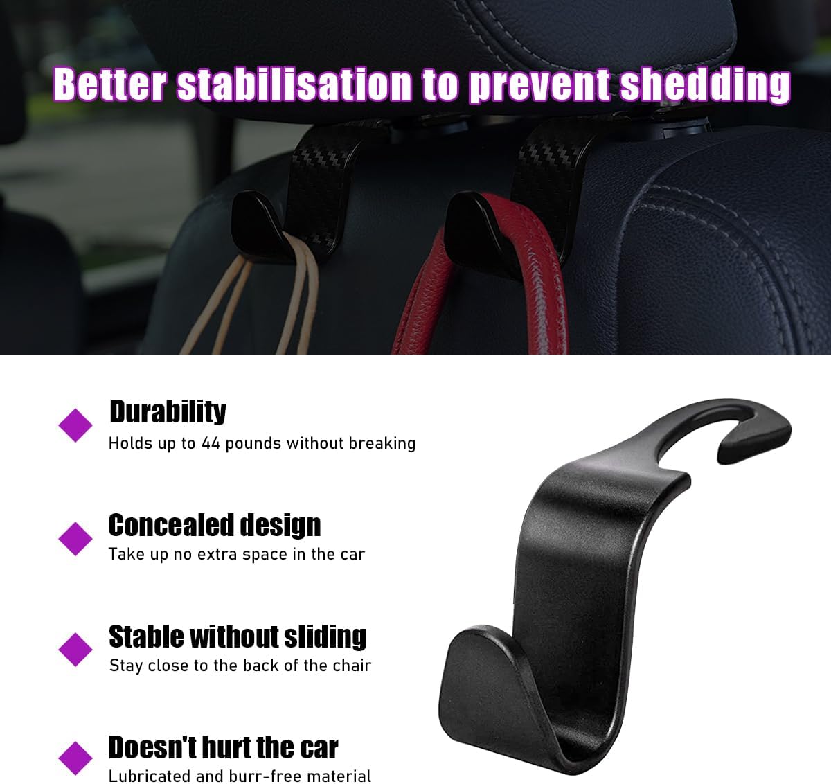 povtii 4 PCS Car Seat Headrest Hooks, Auto Backseat Organizer Hanger Holder, Vehicle Seat Back Storage Hooks for Purse Coat Umbrella Grocery Bag Handbag, Interior Car Accessories (Black)