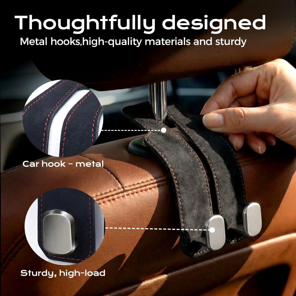 Fauppt Headrest Hooks for Car Car Seat Hooks for Headrest,2026 Hooks for Purses and Bags Cute Car Purse Holder,Twinhook Leather Car Headrest Hangers Seat Back Organizers for Travel (Black*2)