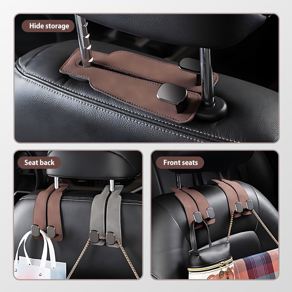 2026 New Car Seat Headrest Hooks for Purses and Bags - Support Car Headrest Hooks for Purses and Bags Coat, Leather Car Bag Purse Holder with Double Hooks (Brown-2PC)