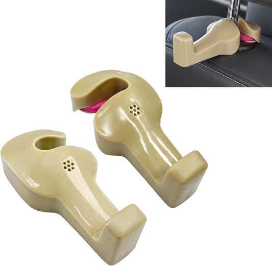 2 PCS Car Back Seat Headrest Hanger, Compact Auto Seat Head Rest Storage Organizer Hanger for Bag Purse Cloth, Universal Headrest Hidden Holder Hook for Most Vehicles (Beige)