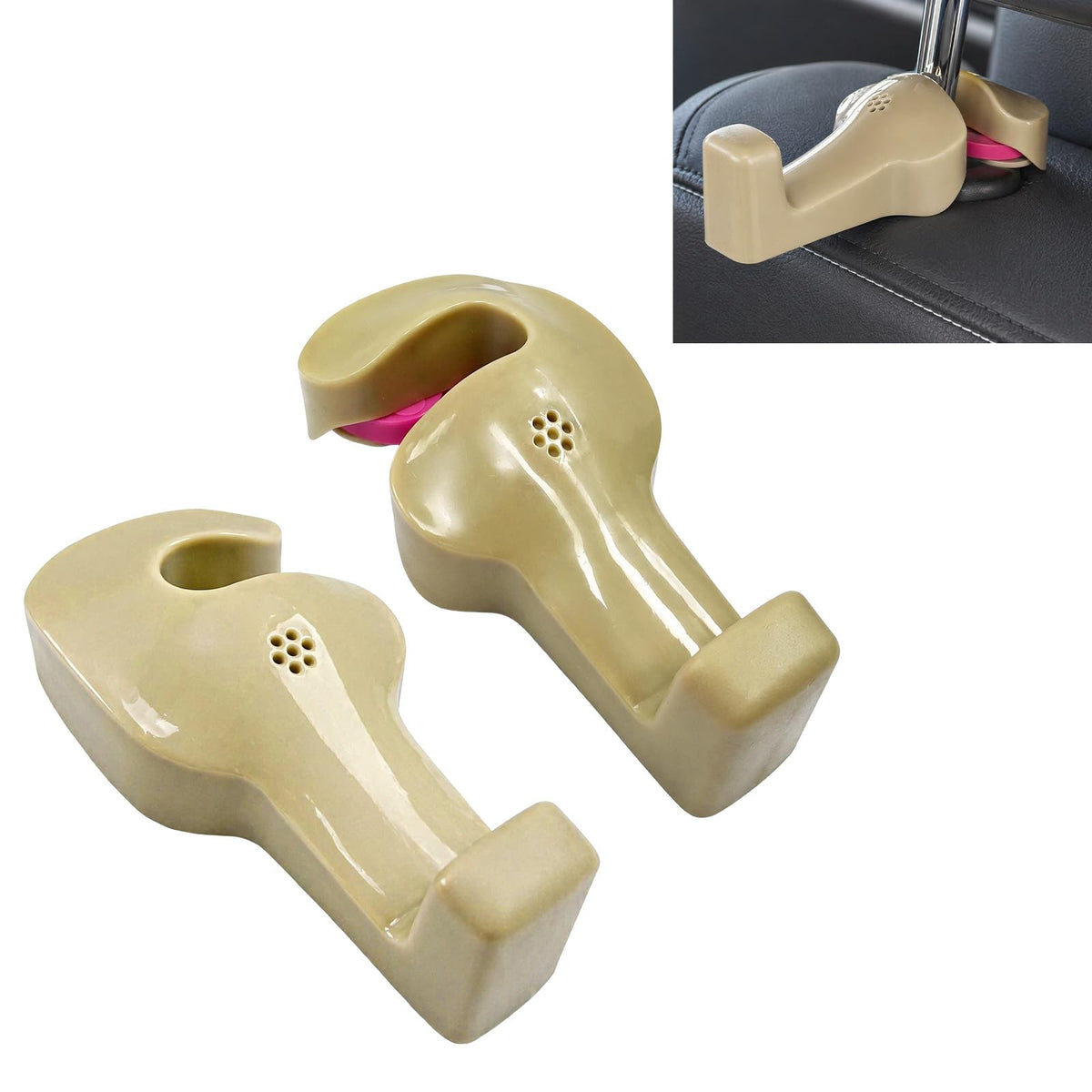 2 PCS Car Back Seat Headrest Hanger, Compact Auto Seat Head Rest Storage Organizer Hanger for Bag Purse Cloth, Universal Headrest Hidden Holder Hook for Most Vehicles (Beige)