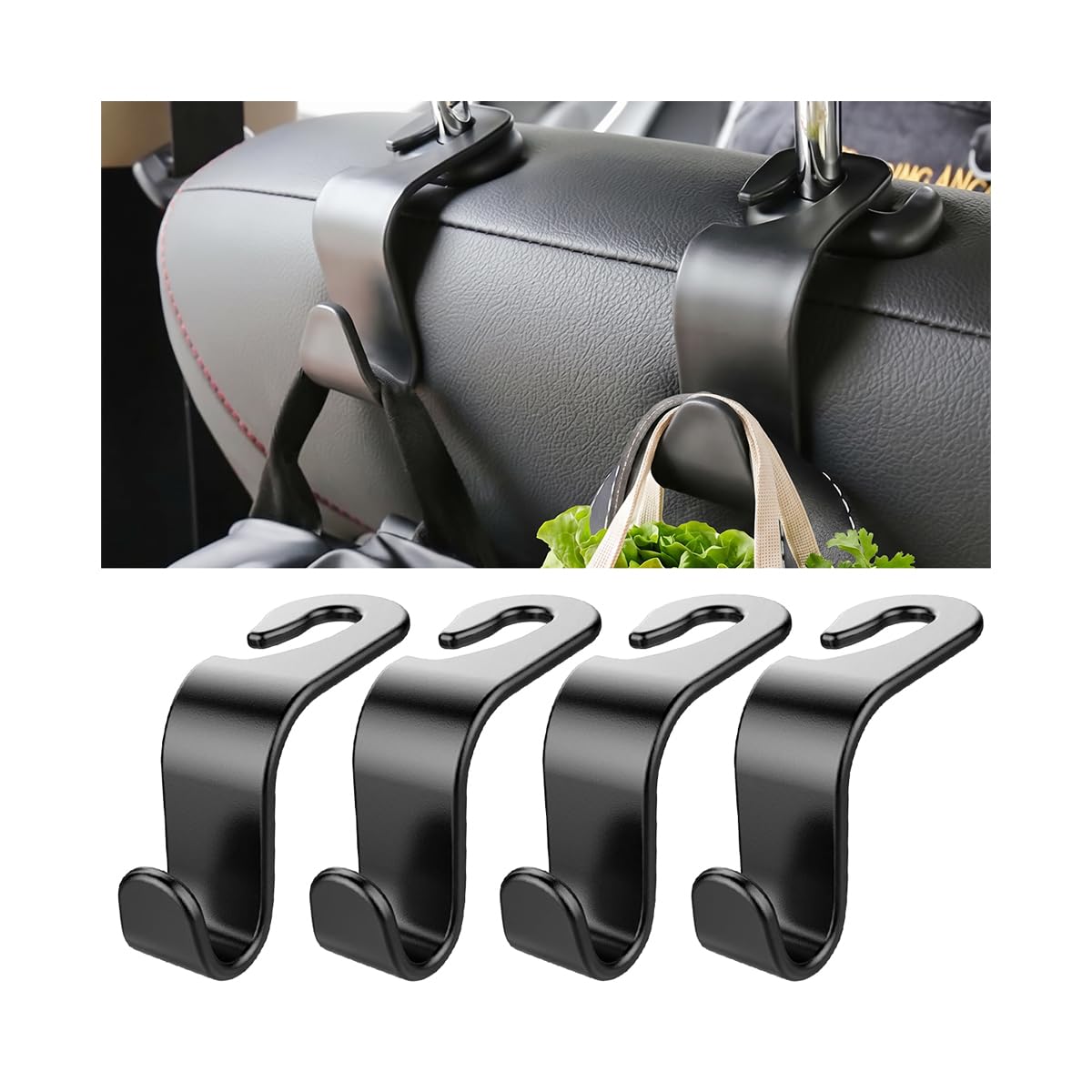 4PCS Car Seat Headrest Hooks for Bags, Coats, Glossy Black