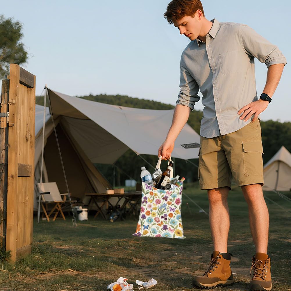 Retro Wildflower Butterfly Print Car Trash Bag Portable Waterproof Hanging Garbage Bag with Snap Buttons Back Seat Rubbish Storage Dustbin for Car Interior Accessories Kitchen Home Travel