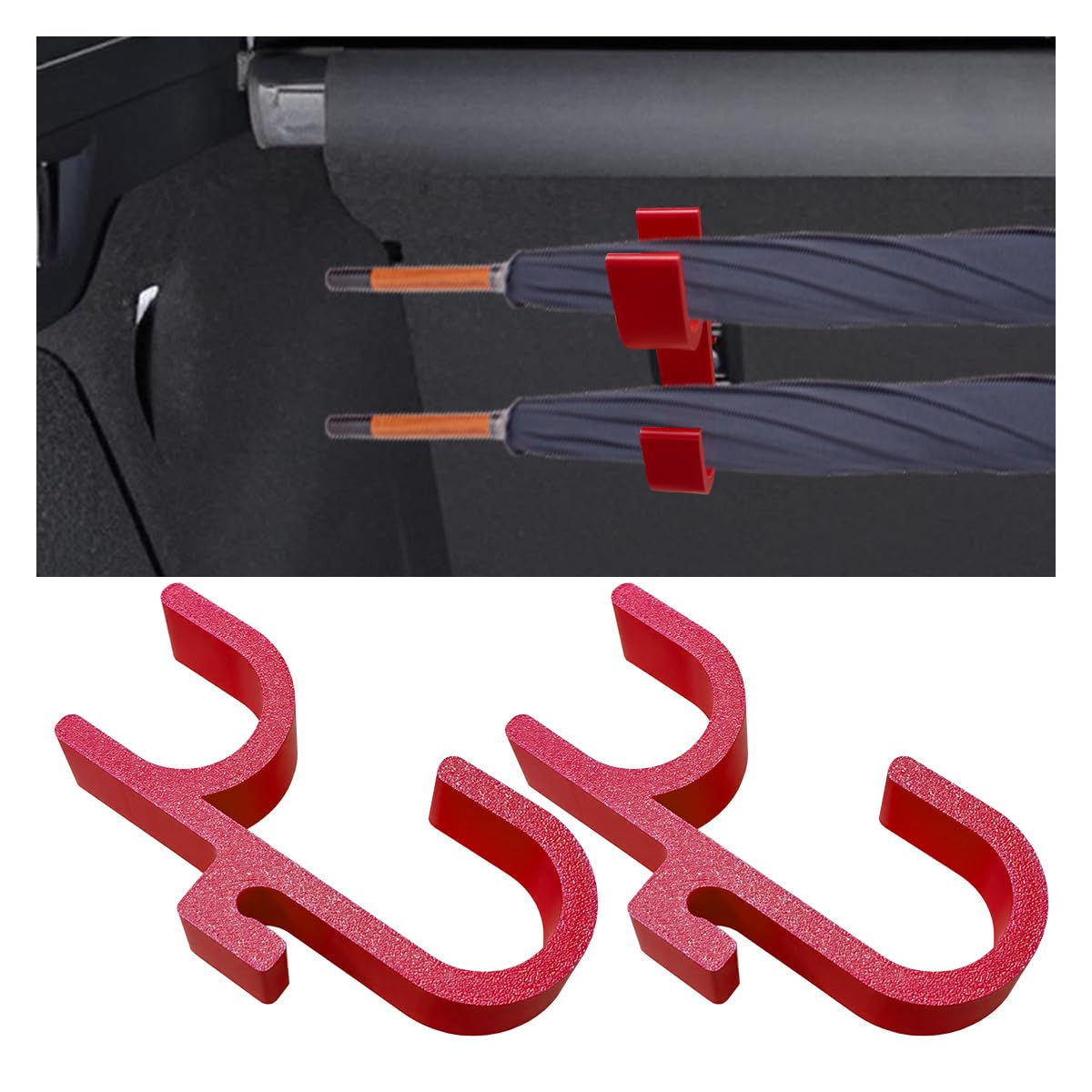 2PCS Car Umbrella Hook, No Drilling Multifunctional Plastic Auto Trunk Umbrella Holder, Universal Double Hook Vehicle Interior Seat Organizer Accessories for Car, SUV(Black Single)