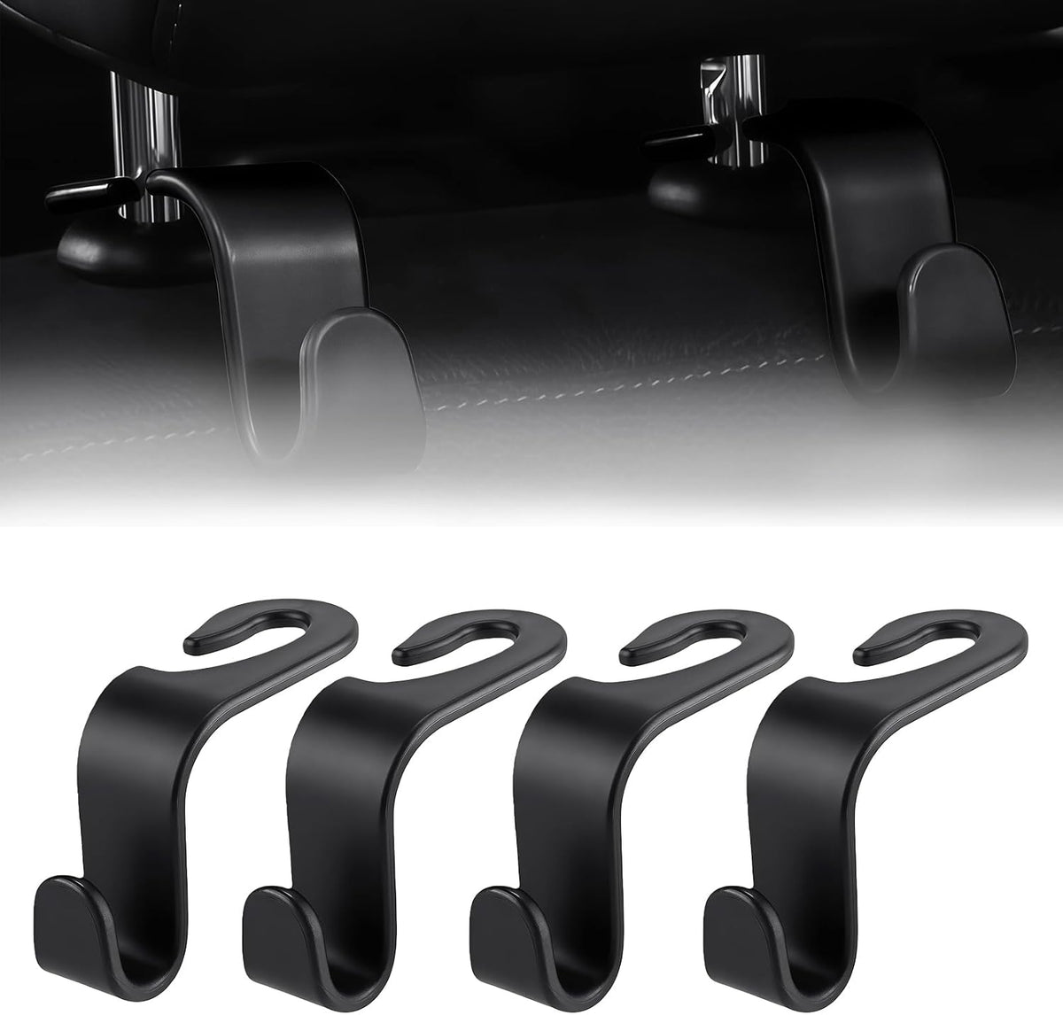 Purse Hook for Car, 4 PCS Car Purse Hook Headrest Hooks, 360° Rotatable Back Seat Storage Organizer, Universal Vehicle Seat Hanger for Purses, Handbags, Grocery Bags, Water Bottles, Black