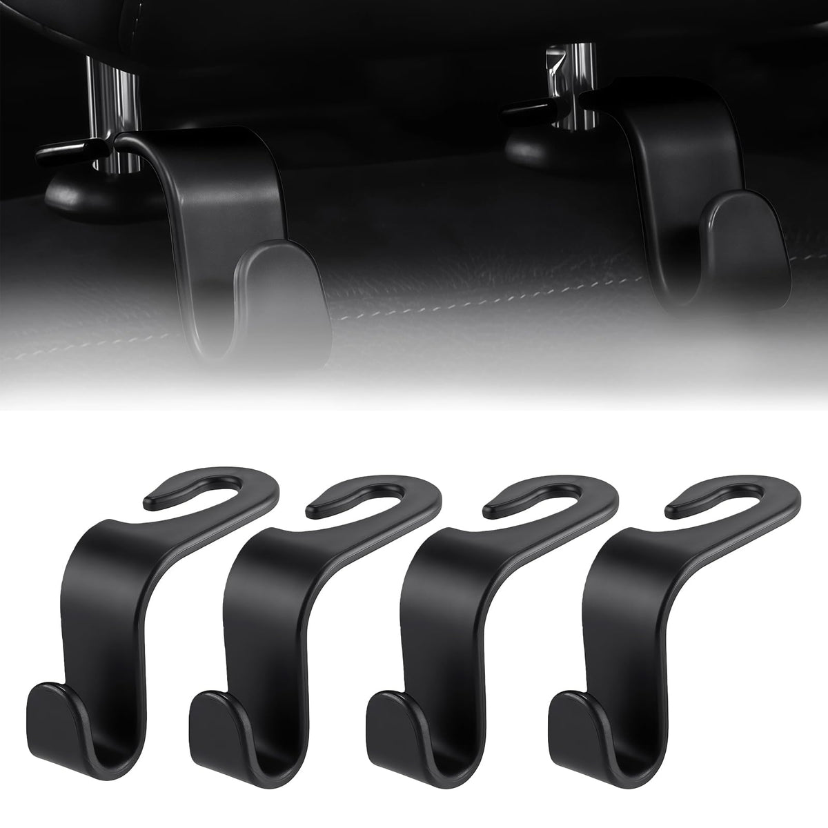 Purse Hook for Car, 4 PCS Car Purse Hook Headrest Hooks, 360° Rotatable Back Seat Storage Organizer, Universal Vehicle Seat Hanger for Purses, Handbags, Grocery Bags, Water Bottles, Black