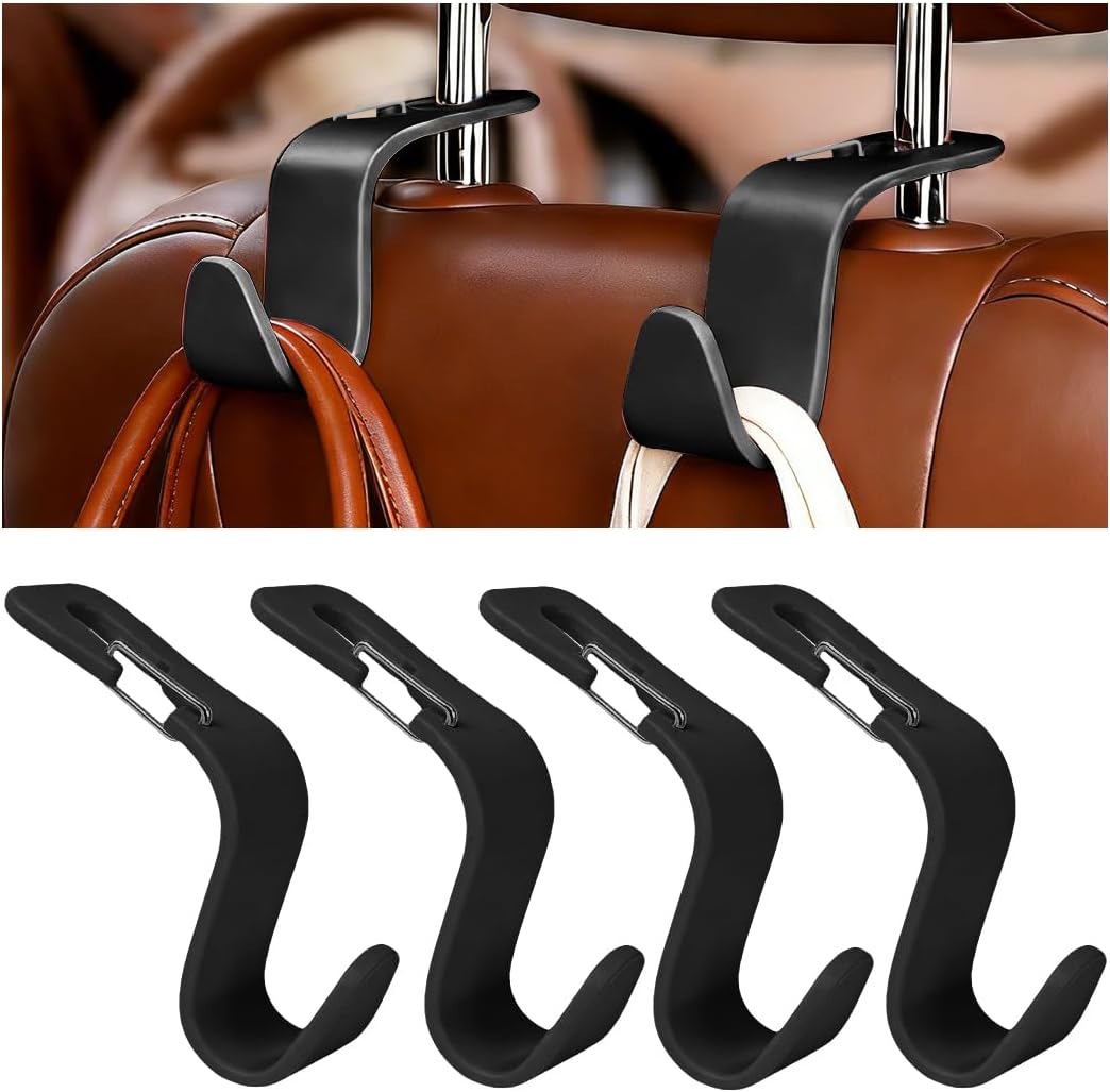 4PCS Car Seat Headrest Hook, Multifunctional Vehicle Seat Back Hanger Holder for Purse Handbag Umbrella, Automotive Interior Backseat Storage Organizer, Universal for SUV Van Truck (Black)