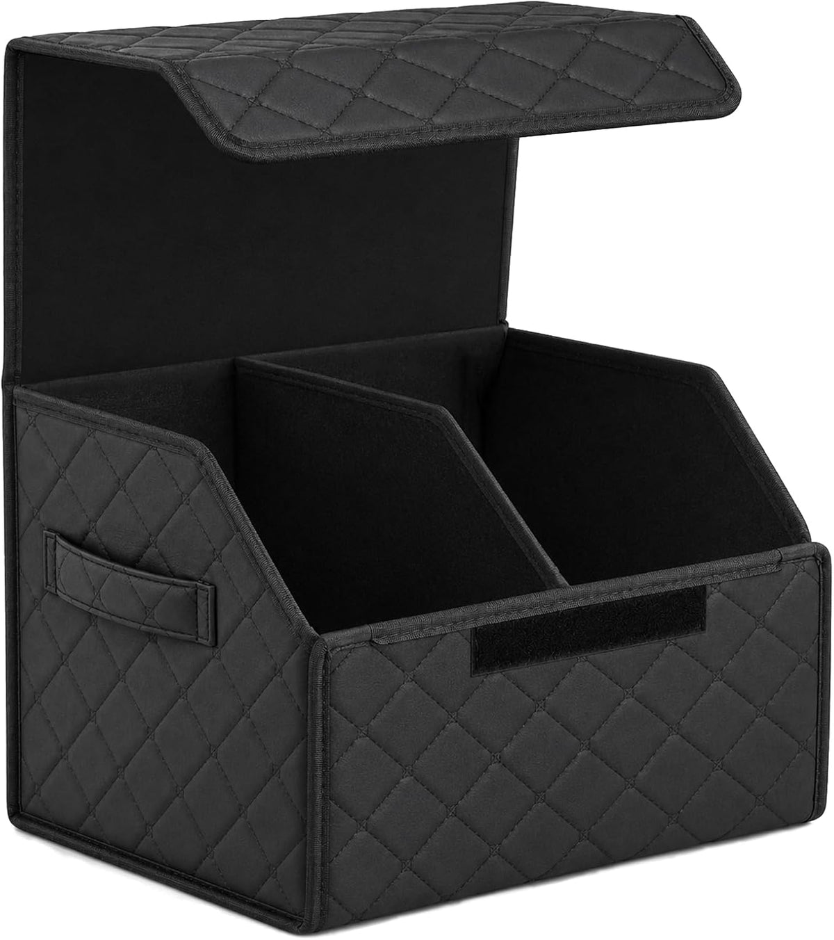 Leather Car Trunk Organizer with Lid,45L Foldable Storage Box for Universal Cars, SUVs, Sedans and MPVs, Removable Divider, Carry Handles, Black