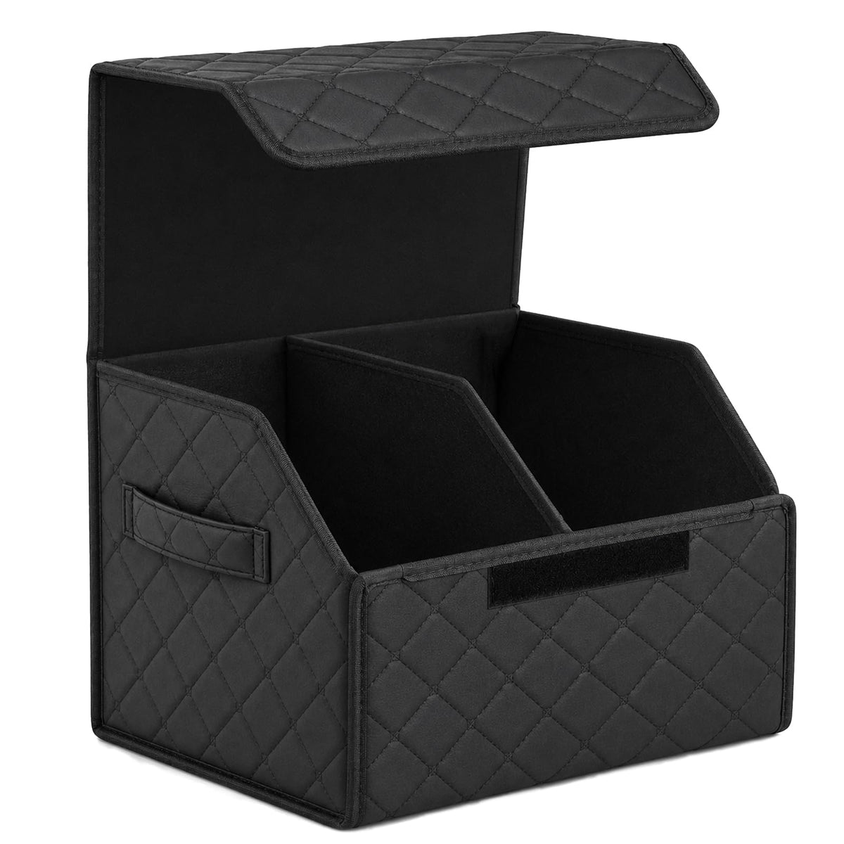 Leather Car Trunk Organizer with Lid,45L Foldable Storage Box for Universal Cars, SUVs, Sedans and MPVs, Removable Divider, Carry Handles, Black