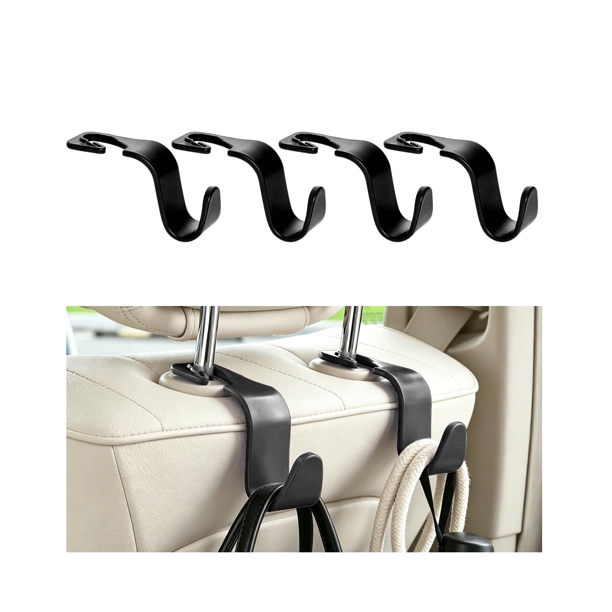 4PCS Car Seat Headrest Hooks, Vehicle Back Seat Organizer Hanger Holder for Purses Grocery Bags, Automotive Interior Headrest Storage Hook, Universal for SUV RV Truck (Black)