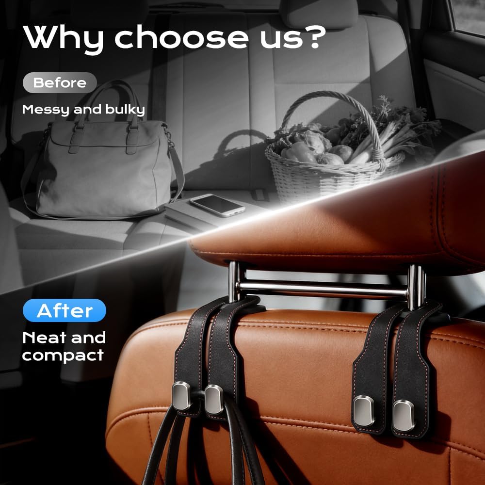 Fauppt Headrest Hooks for Car Car Seat Hooks for Headrest,2026 Hooks for Purses and Bags Cute Car Purse Holder,Twinhook Leather Car Headrest Hangers Seat Back Organizers for Travel (Black*2)